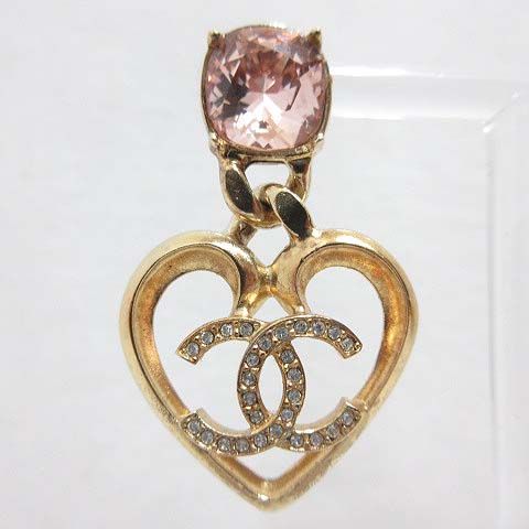 Chanel Earrings Heart CC Logo Rhinestone Stud Gold Pink — view 3