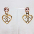 Chanel Earrings Heart CC Logo Rhinestone Stud Gold Pink