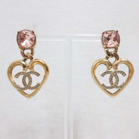 Chanel Earrings Heart CC Logo Rhinestone Stud Gold Pink