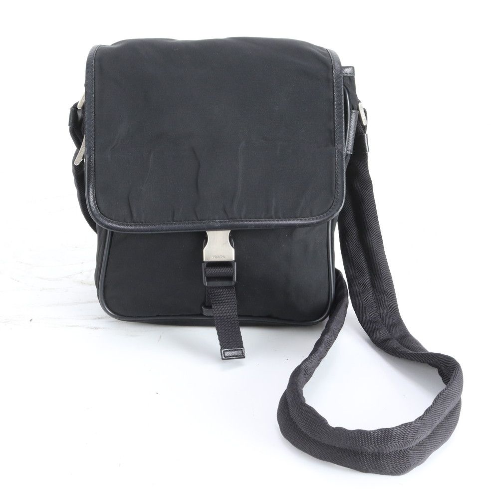 Prada Tessuto Nylon Triangle Logo Leather Shoulder Bag Crossbody Messenger Black
