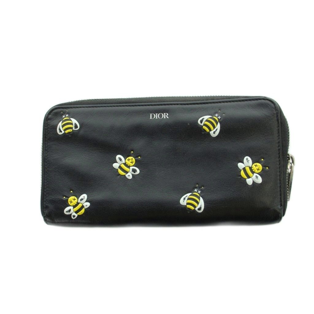 Dior Kaws Wallet Bee All Over Pattern Logo Leather Zip Around Black