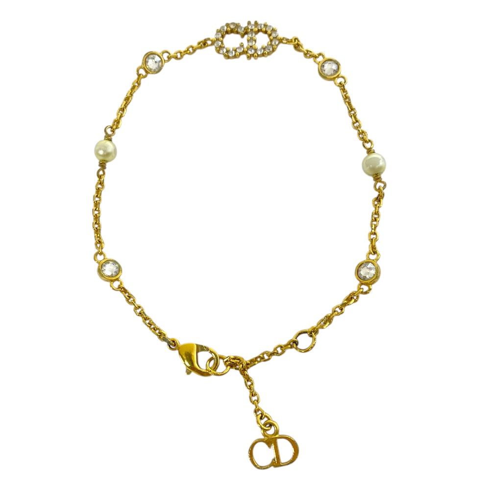 Dior Clair D Lune Bracelet CD Logo Rhinestone Faux Pearl Metal Gold Classic