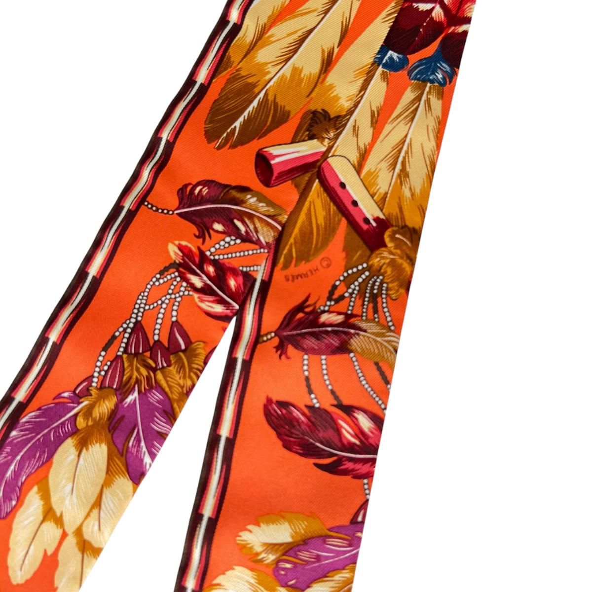 Hermes Feather Ribbon Scarf Twill Orange — view 5