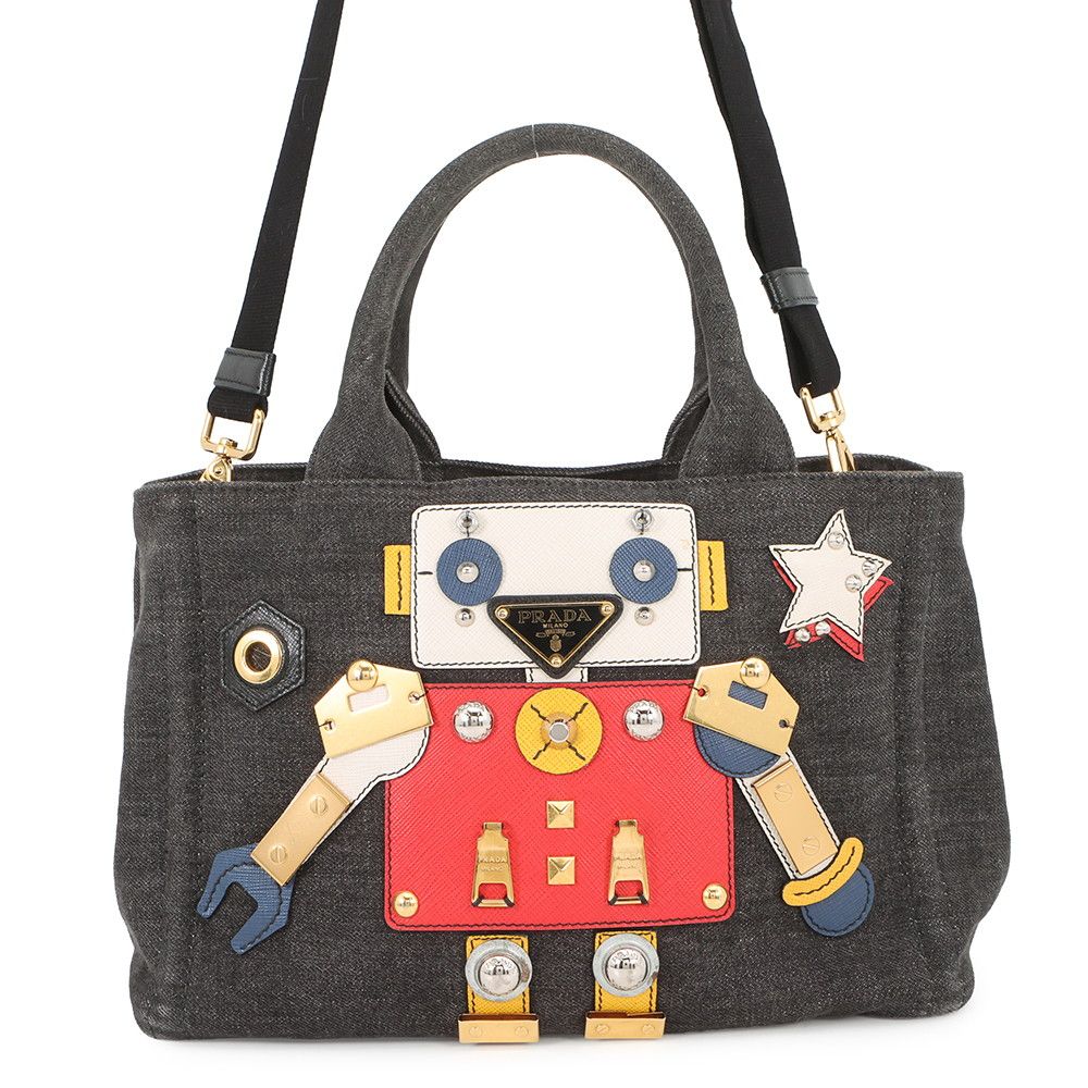 Prada Tote Canapa Robot Denim Leather Black