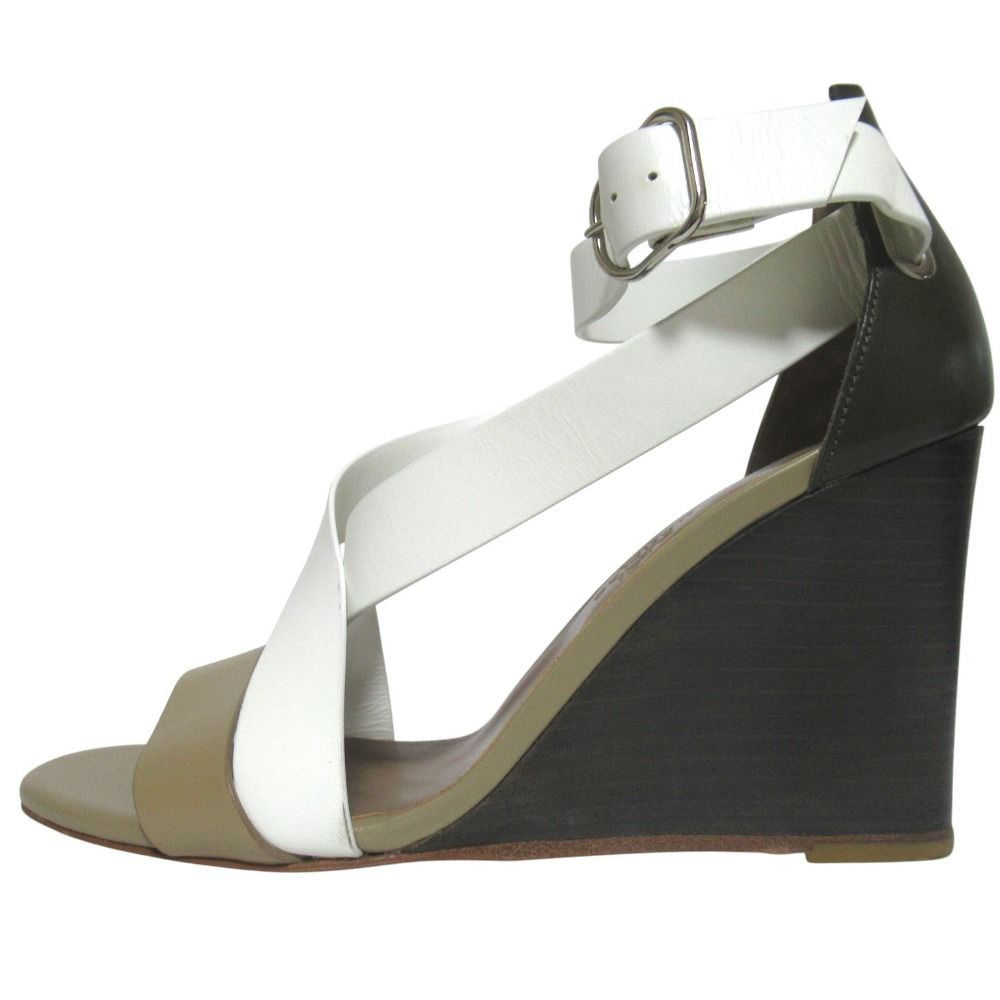 Hermes Ankle Strap Wedge Sole Leather Sandals 38 Beige White — view 2