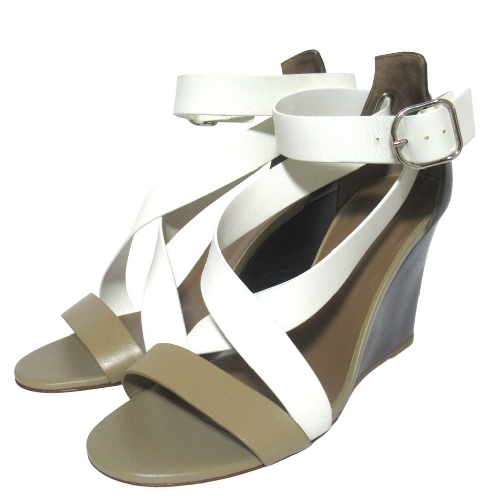 Hermes Ankle Strap Wedge Sole Leather Sandals 38 Beige White