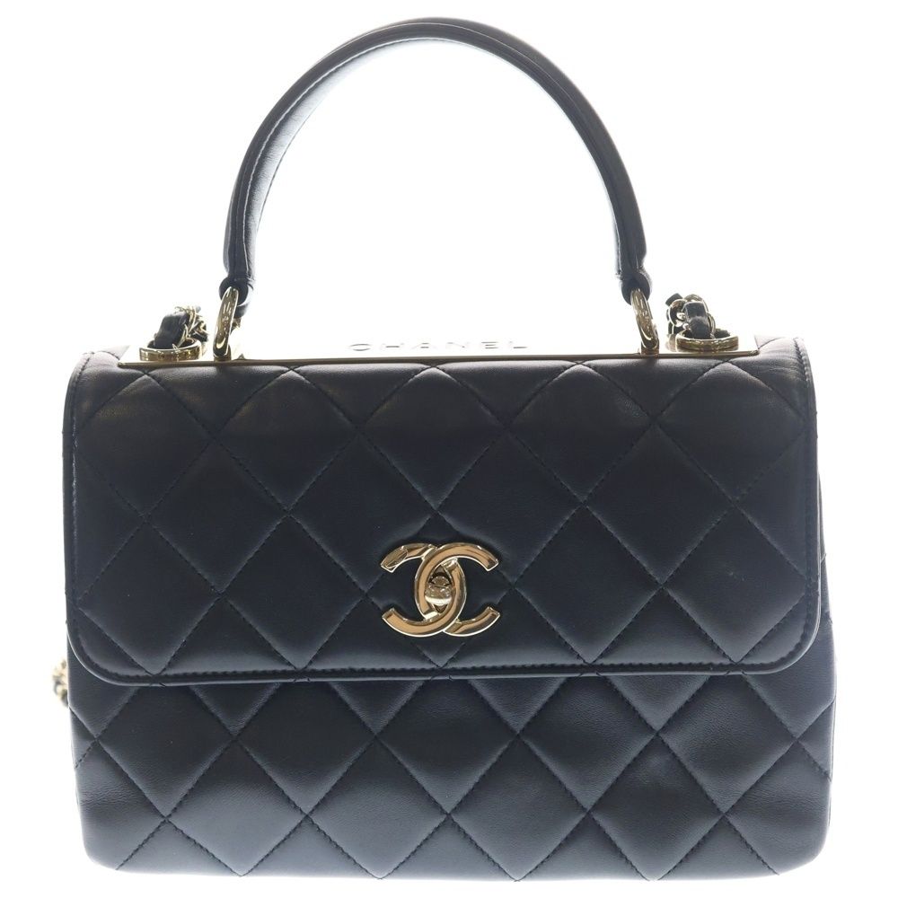 Chanel Top Handle Mini Flap Chain Shoulder Bag Black Lambskin Plate Gold