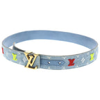 Louis Vuitton LV New Wave Monogram Embroidery Denim Leather Belt Gold Indigo