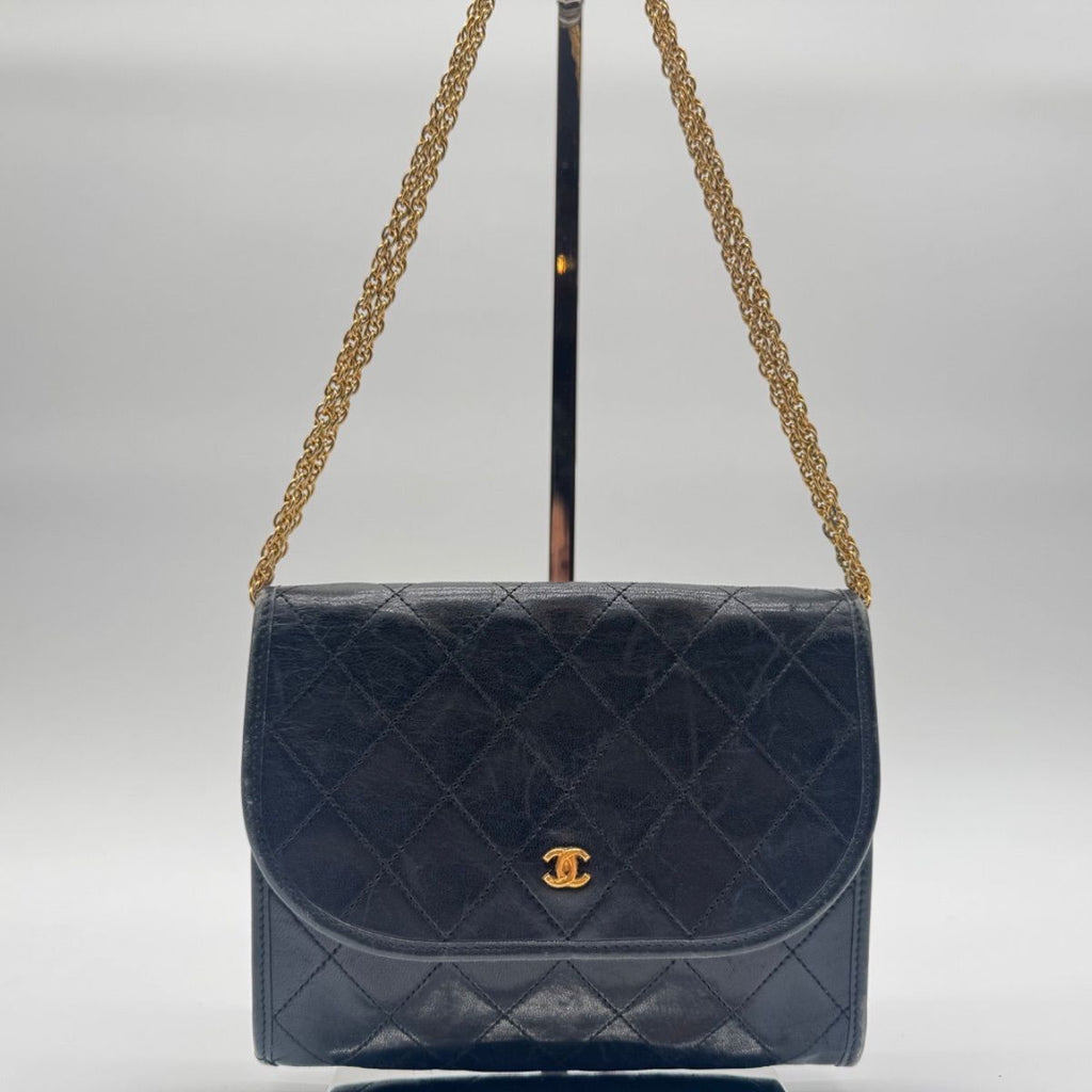 Chanel Shoulder Bag Mini Quilted CC Logo Gold Leather Black Push Lock Chain