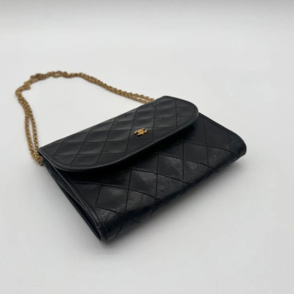 Chanel Shoulder Bag Mini Quilted CC Logo Gold Leather Black Push Lock Chain — view 6