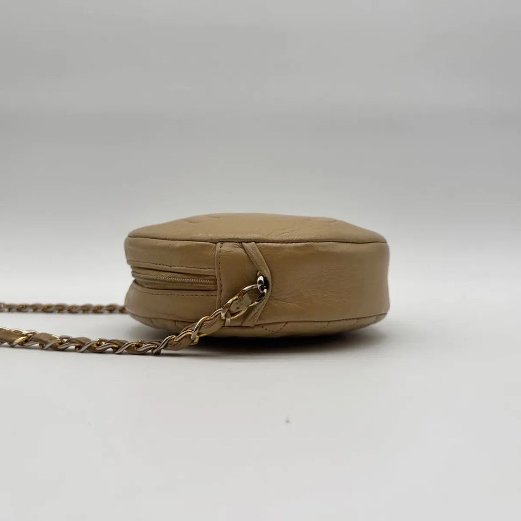 Chanel Shoulder Bag CC Logo Quilted Round Lambskin Leather Beige Chain — view 4