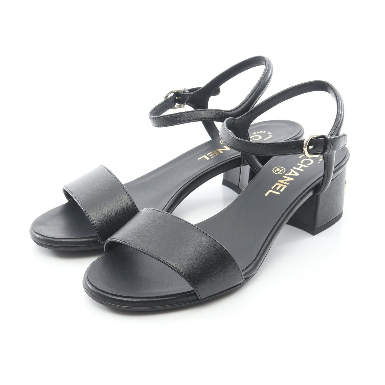 Chanel Sandals Logo Heels Black Leather