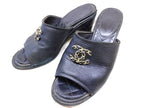Chanel 36c CC Logo Sandals Black Leather Shoes Mani