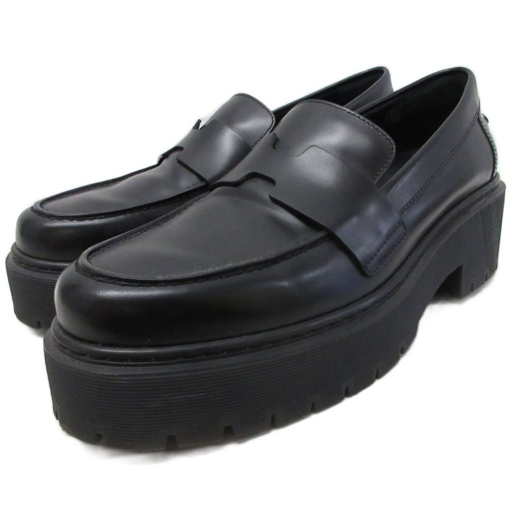 Hermes Hitch Logo Loafers Platform Moccasins Slip on Leather 37 Black