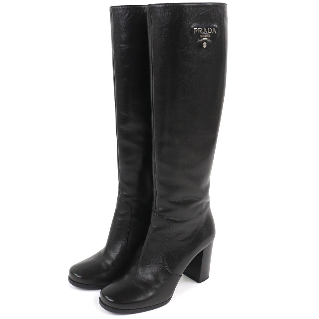 Prada Logo Side Zip Leather Long Boots Chunky Heels Black