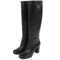 Prada Logo Side Zip Leather Long Boots Chunky Heels Black