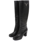 Prada Logo Side Zip Leather Long Boots Chunky Heels Black