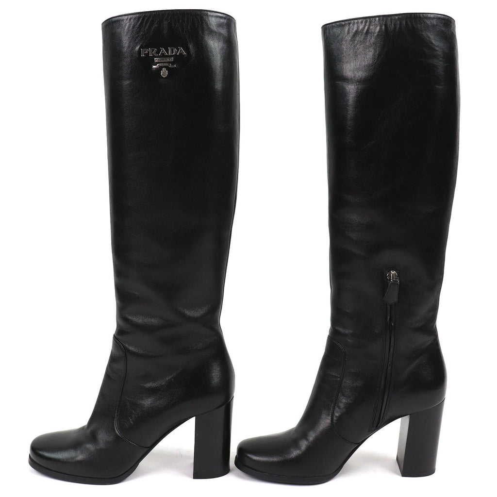 Prada Logo Side Zip Leather Long Boots Chunky Heels Black — view 3