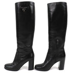 Prada Logo Side Zip Leather Long Boots Chunky Heels Black — view 3