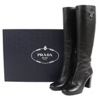 Prada Logo Side Zip Leather Long Boots Chunky Heels Black — view 2