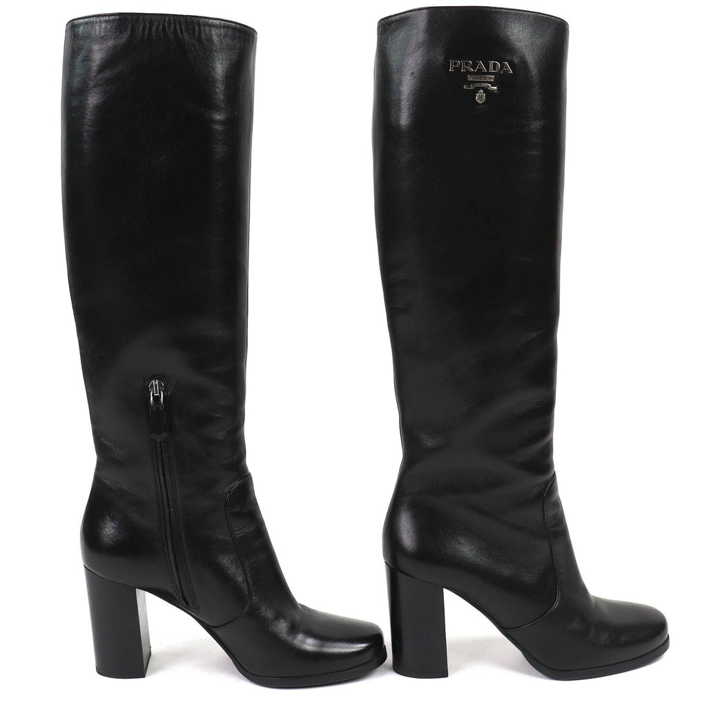 Prada Logo Side Zip Leather Long Boots Chunky Heels Black — view 4