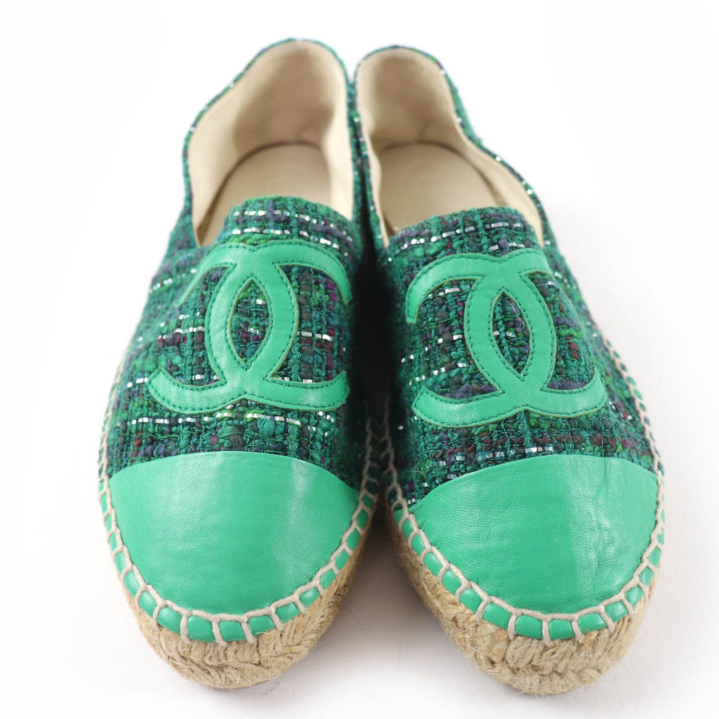 Chanel CC Logo Fabric Espadrilles Tweed Shoes Green — view 4