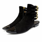 Chanel CC Logo Side Zip Patent Use Suede Ankle Boots Black Gold