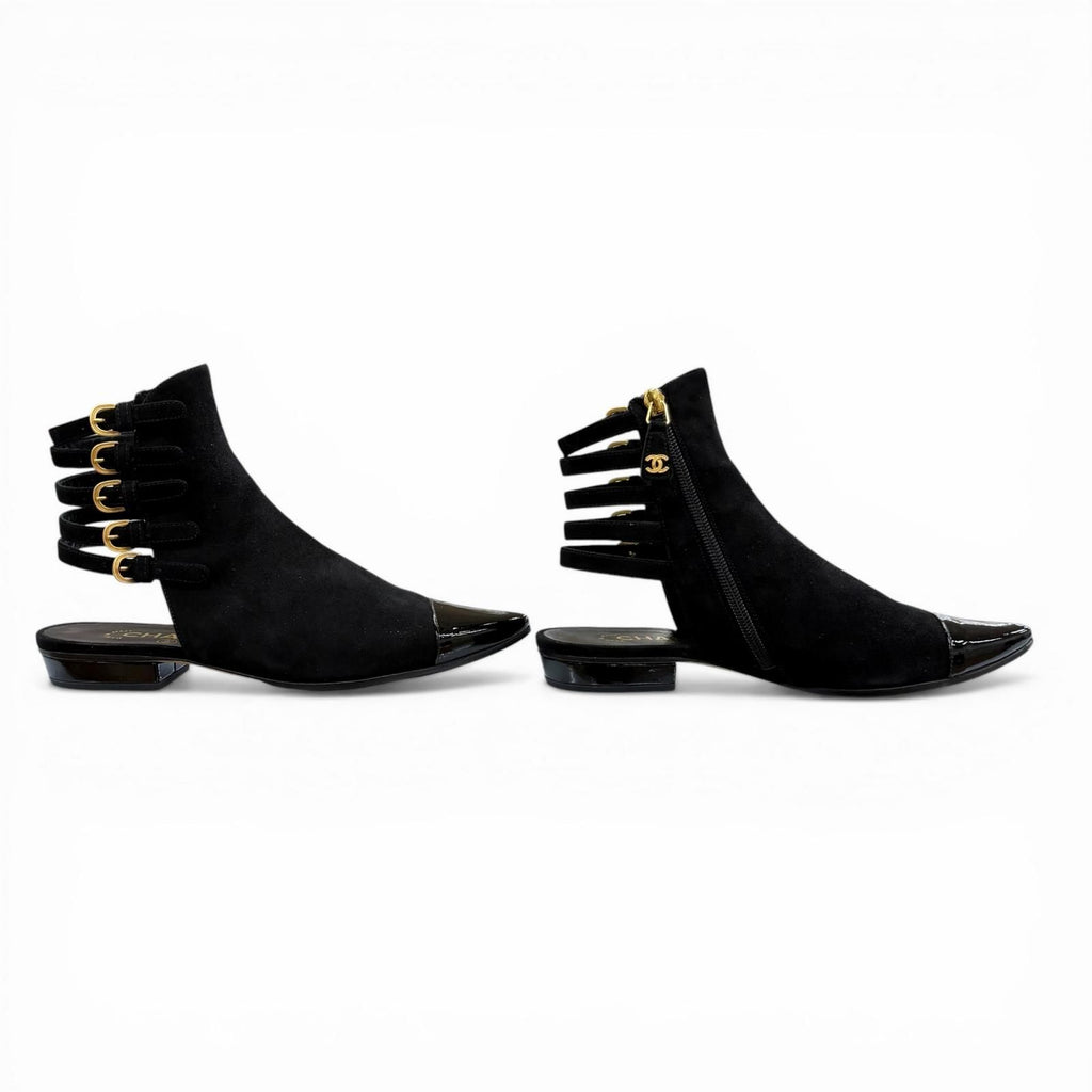 Chanel CC Logo Side Zip Patent Use Suede Ankle Boots Black Gold — view 4