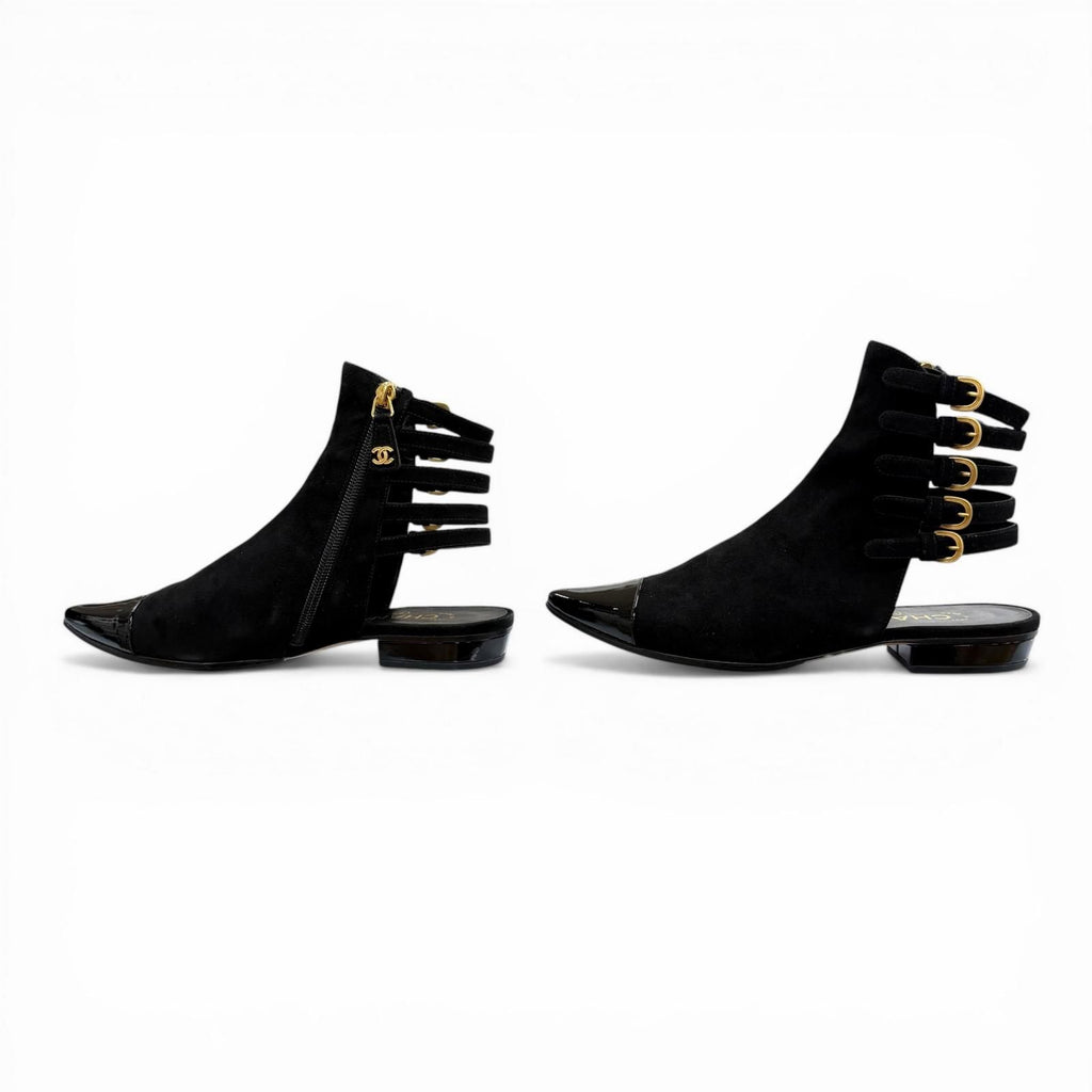 Chanel CC Logo Side Zip Patent Use Suede Ankle Boots Black Gold — view 3