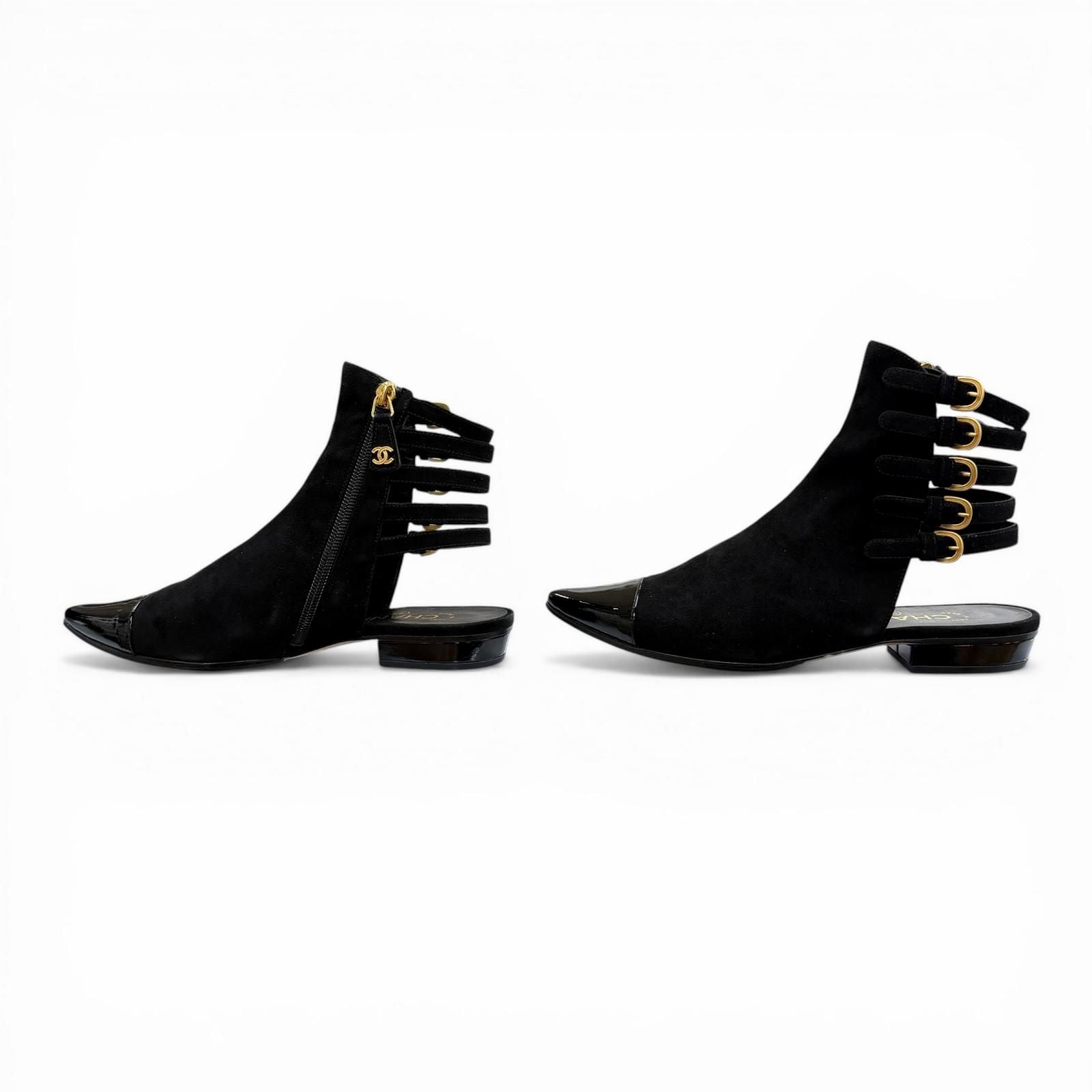 Chanel CC Logo Side Zip Patent Use Suede Ankle Boots Black Gold — view 3