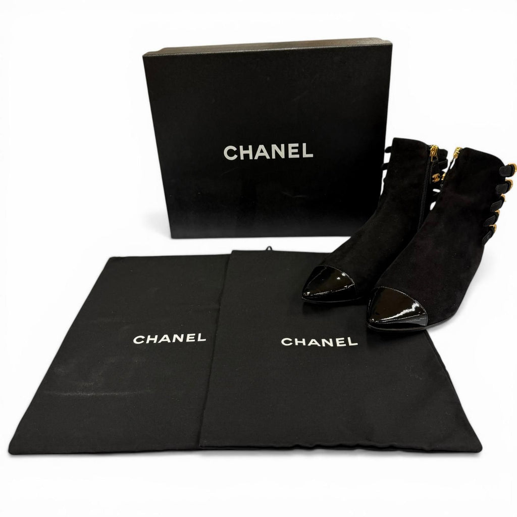 Chanel CC Logo Side Zip Patent Use Suede Ankle Boots Black Gold — view 2