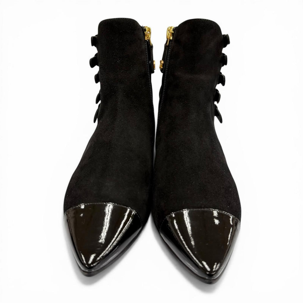 Chanel CC Logo Side Zip Patent Use Suede Ankle Boots Black Gold — view 7