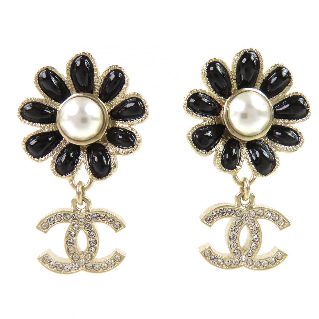 Chanel CC Logo Flower Rhinestone Faux Pearl Swing Earrings for Both Ears Gold