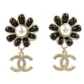 Chanel CC Logo Flower Rhinestone Faux Pearl Swing Earrings for Both Ears Gold