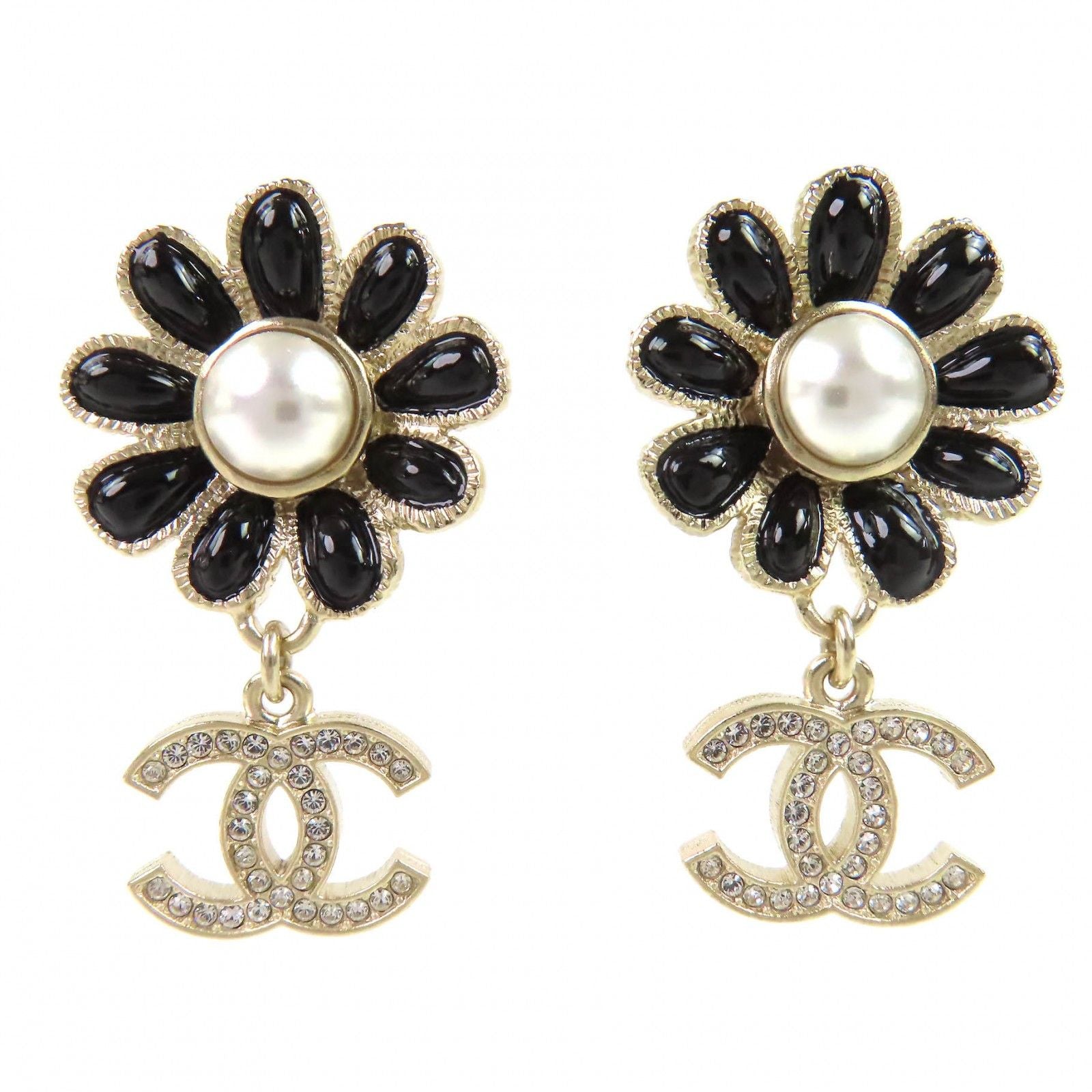 Chanel CC Logo Flower Rhinestone Faux Pearl Swing Earrings for Both Ears Gold