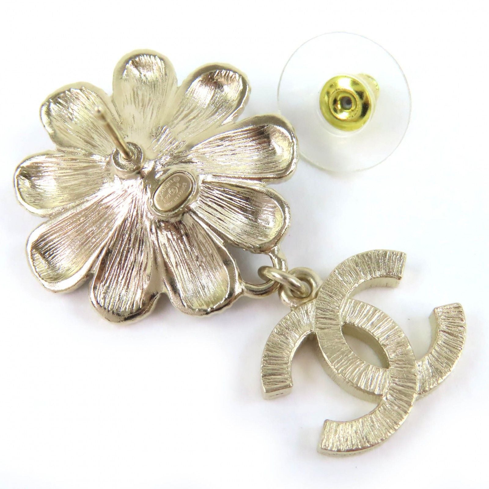 Chanel CC Logo Flower Rhinestone Faux Pearl Swing Earrings for Both Ears Gold — view 4