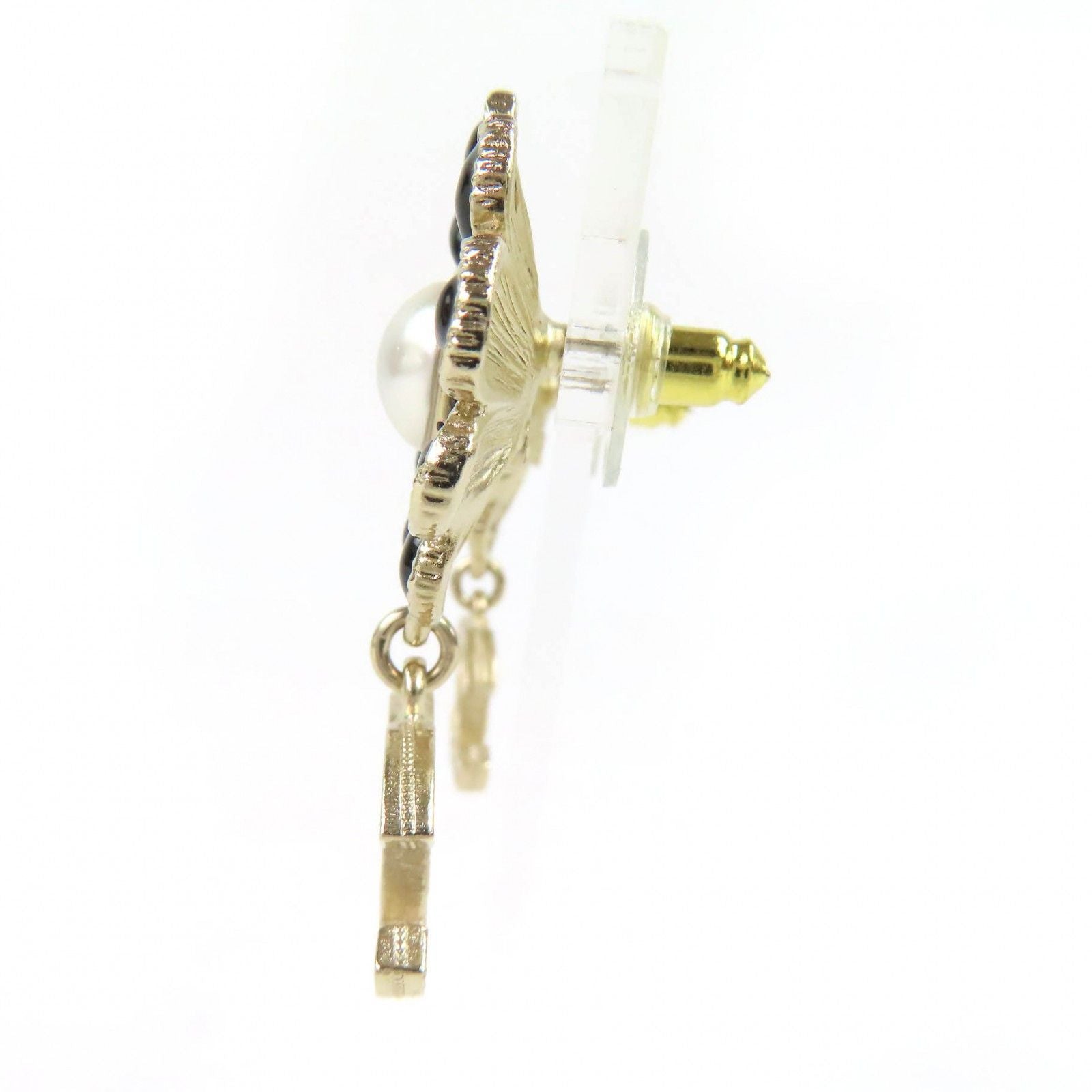 Chanel CC Logo Flower Rhinestone Faux Pearl Swing Earrings for Both Ears Gold — view 2