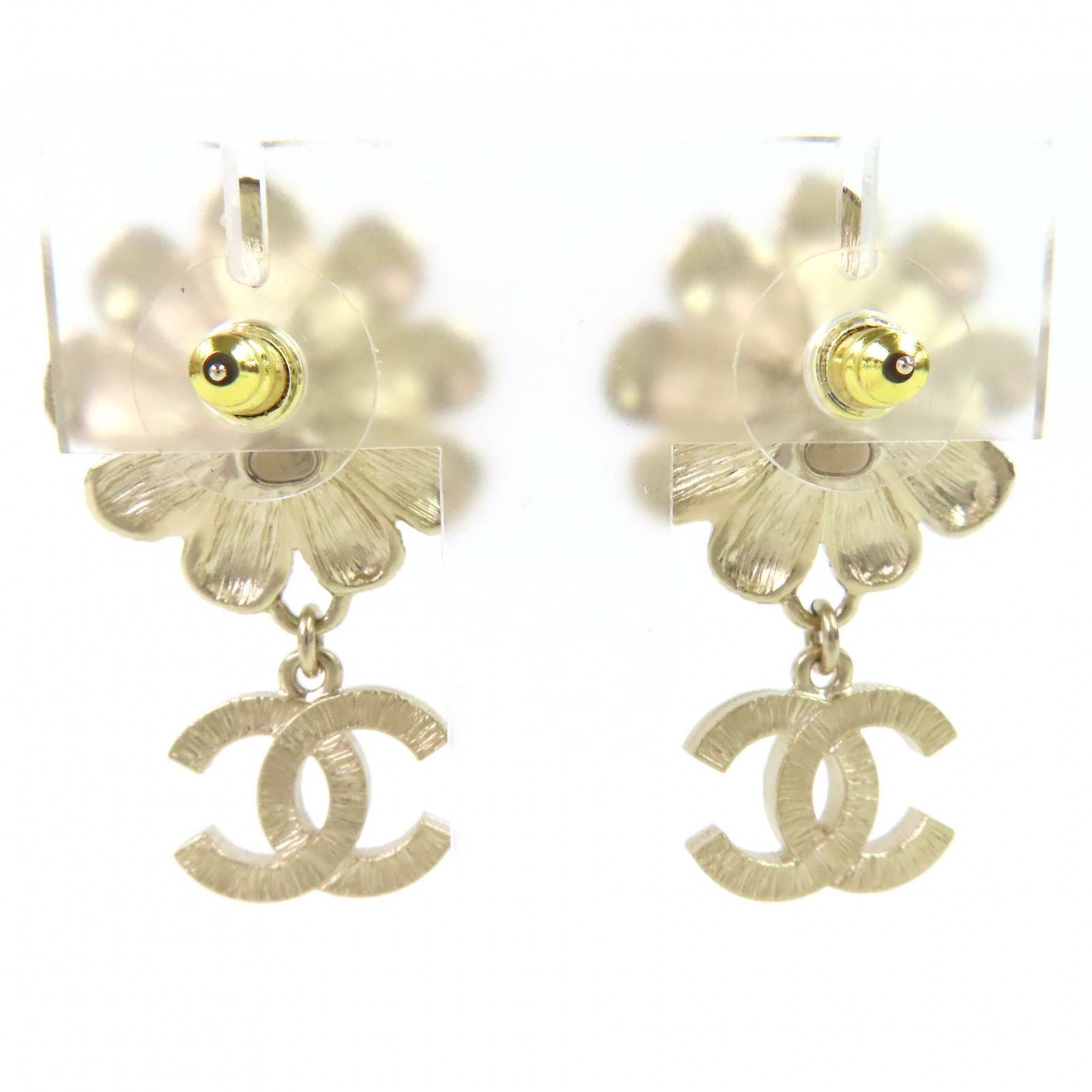Chanel CC Logo Flower Rhinestone Faux Pearl Swing Earrings for Both Ears Gold — view 3
