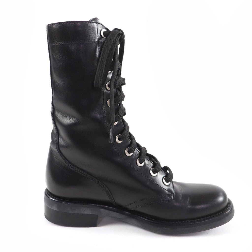Chanel CC Logo Lace Up Leather Short Boots Black — view 6