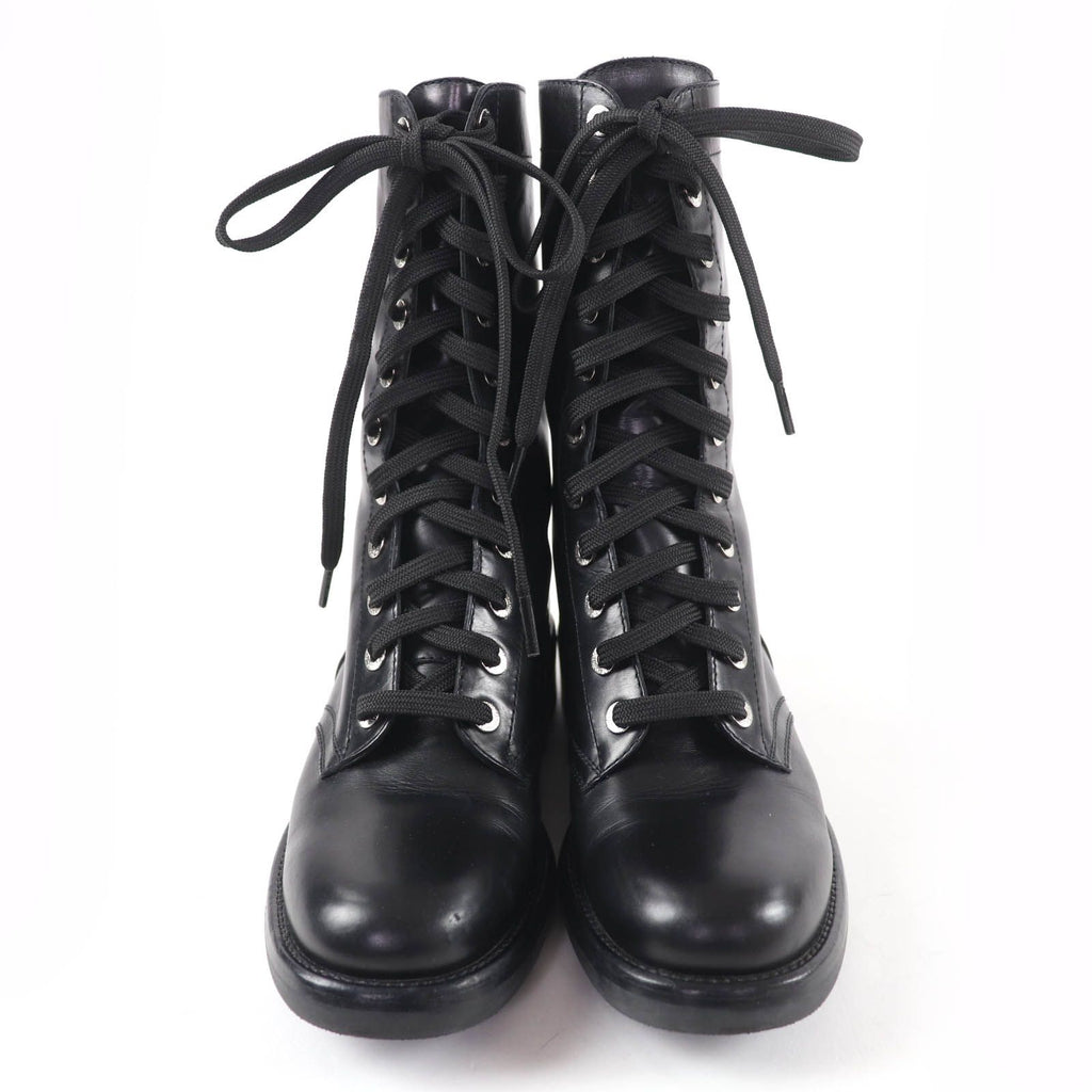 Chanel CC Logo Lace Up Leather Short Boots Black — view 4