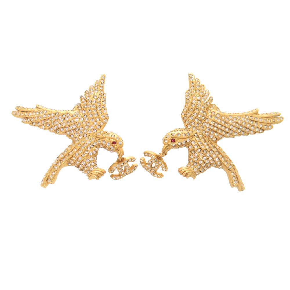Chanel CC Logo Eagle Metal Rhinestone Gold Earrings