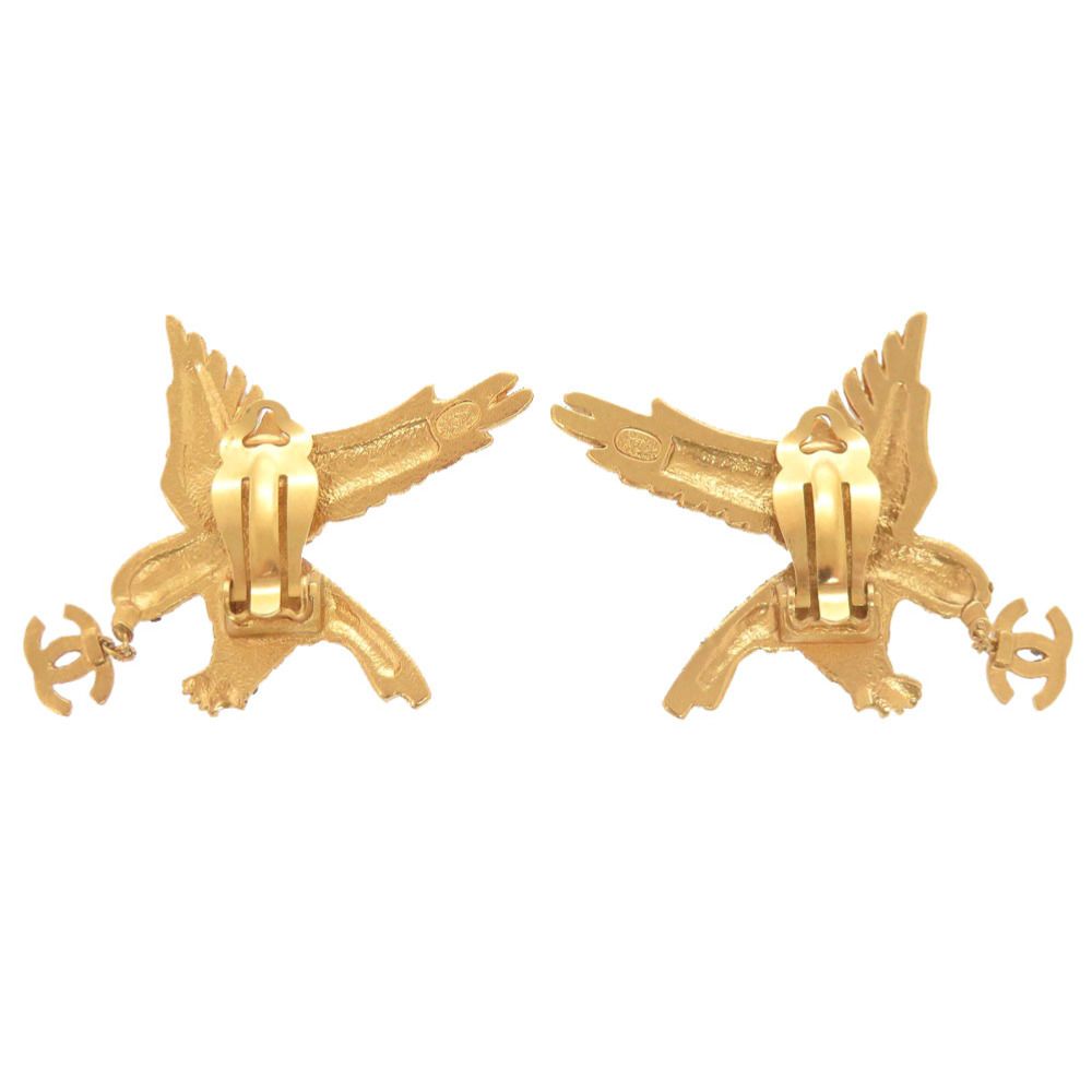 Chanel CC Logo Eagle Metal Rhinestone Gold Earrings — view 3