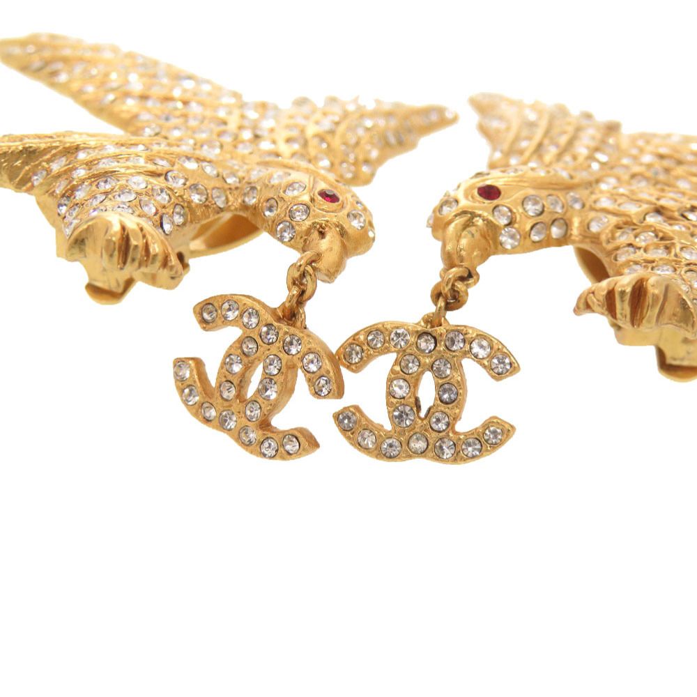 Chanel CC Logo Eagle Metal Rhinestone Gold Earrings — view 4