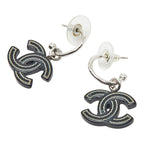 Chanel CC Logo Earrings Silver Black Metal Plastic