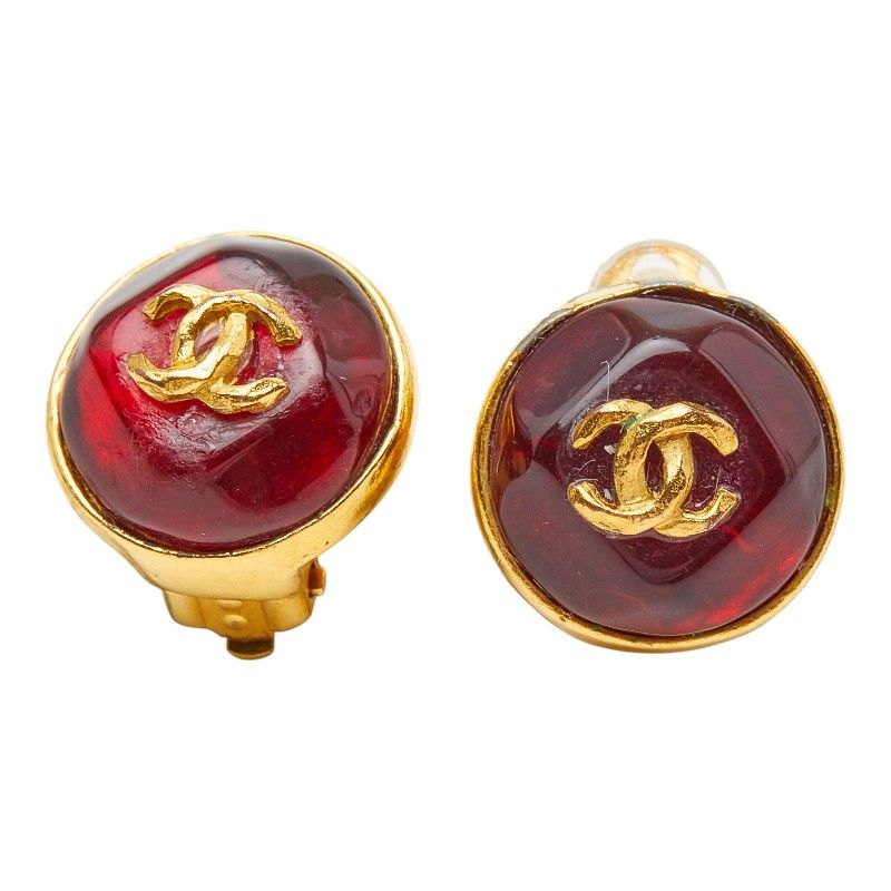 Chanel CC Logo Gripoix Earrings Gold Red Plated