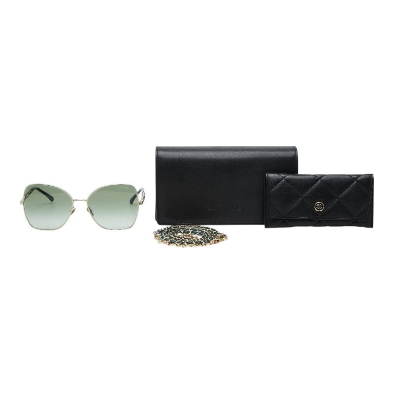 Chanel CC Logo Butterfly Sunglasses Green Gold Plated Leather Eyewear — view 9