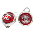 Chanel CC Logo Round Earrings Silver Red Metal