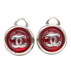 Chanel CC Logo Round Earrings Silver Red Metal — view 2