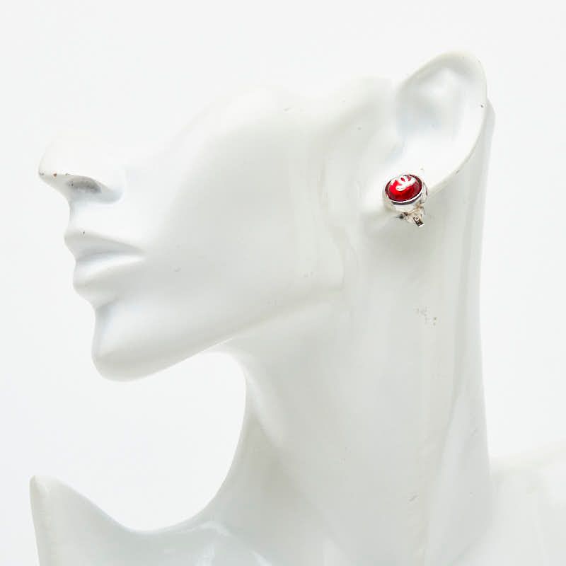 Chanel CC Logo Round Earrings Silver Red Metal — view 5