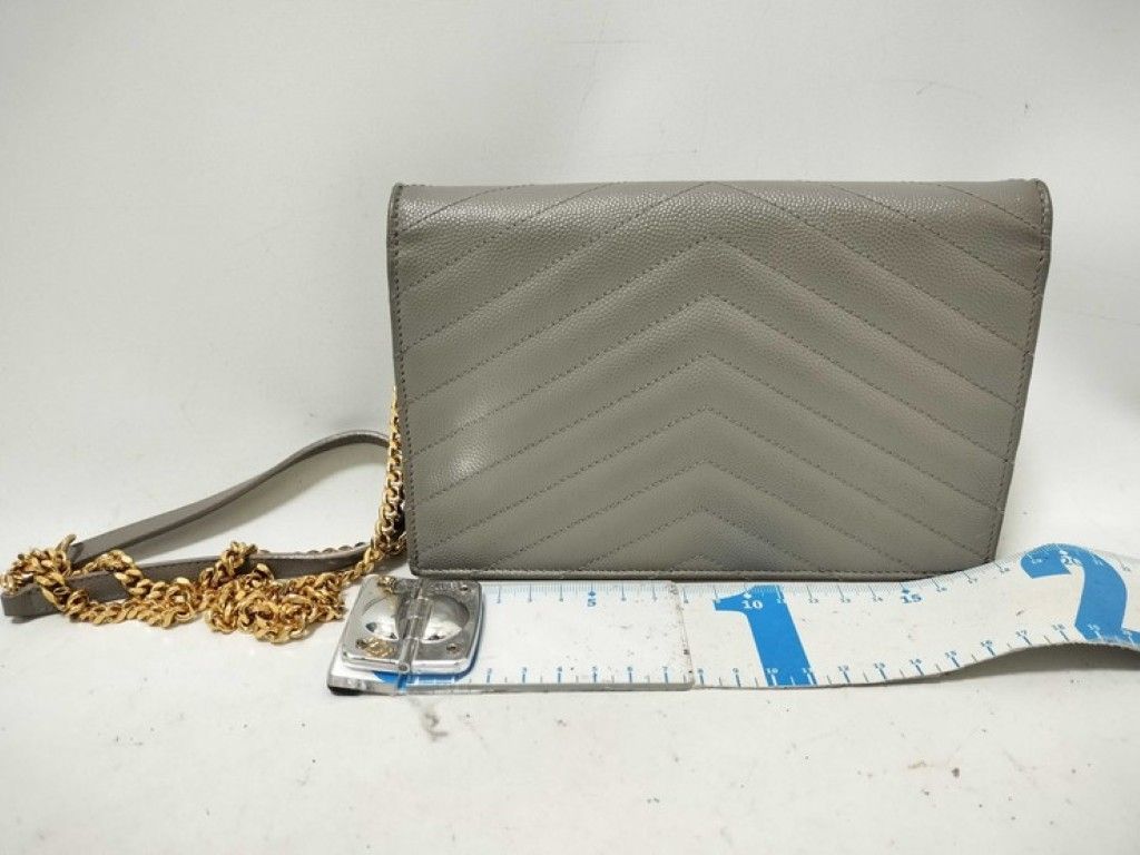 Saint Laurent Yves Chain Wallet Cassandra Gray Leather Stitch Gold — view 2